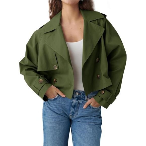 Womens Cropped Trench Coat Lapel Double Breasted Green - Picture 1 of 5